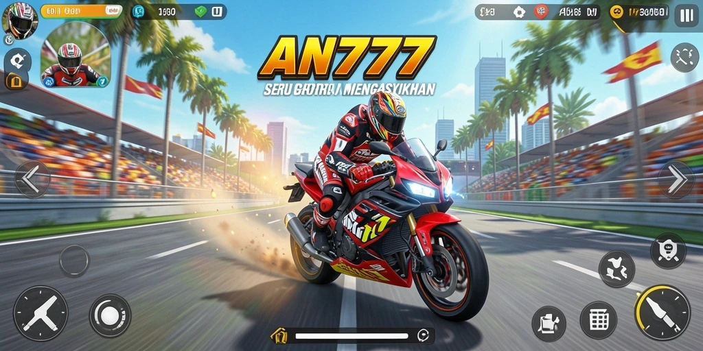 Tangkapan layar AN777 menampilkan aksi balapan motor yang mendebarkan.