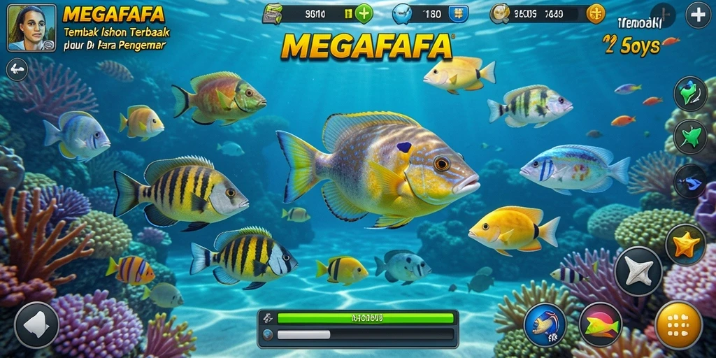 Screenshot gameplay dari MEGAFAFA yang menunjukkan aksi menembak ikan.